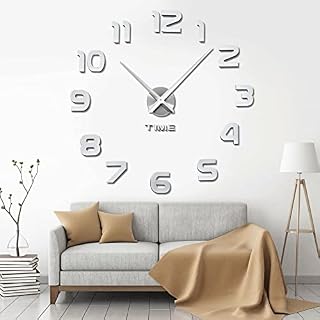 Holdfiturn 3D DIY Wall Clock Frameless Large Wall Sticker Clock Roman Numerals 3D Mirror Sticker Home Office Removable Decorations (Silver)