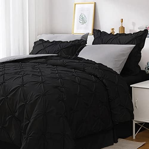 JOLLYVOGUE Pintuck King Size Comforter Sets 8 Pieces, Black Bed in a Bag Comforter Set for Bedroom, Beddding Sets with Comforter, Sheets, Bed Skirt, Ruffled Shams & Pillowcases