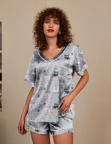 Image of Ekouaer Silk Pajama for Women Short Sleeve Satin Pj Set Two Piece Soft Sleepwear Loungewear S-XXL