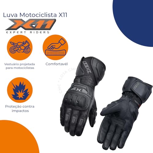 Luva P/Moto Motociclista X11 Impact2 Cano Longo Couro (PRETO, Grande)