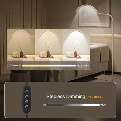 Image of Half Moon Lash Light for Estheticians, LED Lamp for Eyelash Extensions, Nail Tech, Tattoo, Eye Caring Floor Reading Light for Study, Work & Crafts, Adjustable Color Temperatures & Brightness (Gold)