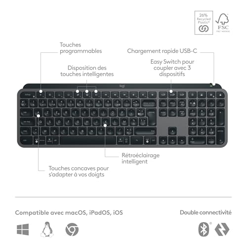 Logitech MX Keys S Clavier sans Fil Rechargeable USB C, Clavier Silencieux, Rétroéclairé, Touches Ergonomiques et Programmables, Bluetooth, Windows PC, Linux, Chrome, Mac, AZERTY Français - Graphite