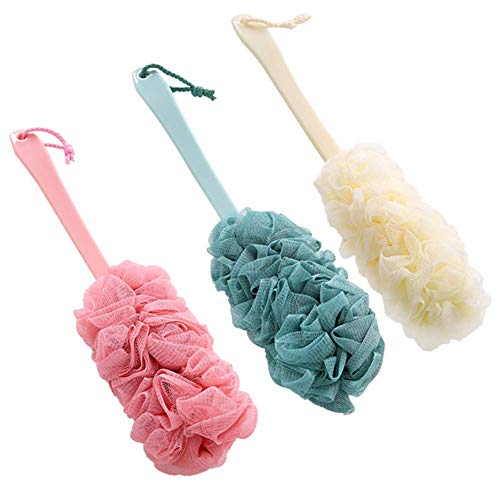 3 Pack Multiple Long Handled Bath Shower Body Brush Soft Nylon Mesh Back Cleaner Washer Back Scrubber Exfoliating Luffa Bath Sponge for Body (Multiple Colors(3 Pack))