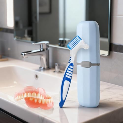 4 Stück Tragbare Prothesenzahnbürste, mit Tragbare Zahnbürstenbox, Zahnprothesenbürste, Harte Prothesenbürste, Kompaktes Zahnbürsten, Für Zahnprothesenpflege (mehrfarbig)