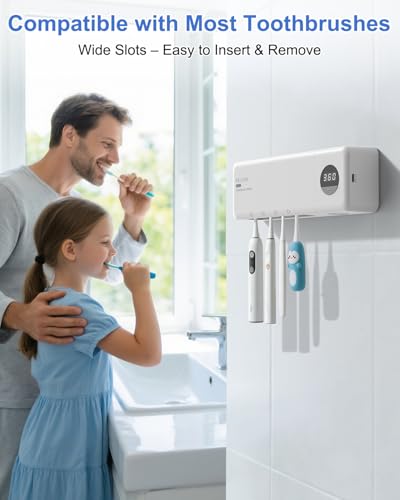 Image of UV Toothbrush Sanitizer with Holder, Electric Toothbrush Holder Wall Mounted with Cover for 4 Slots, 2000mAh Rechargeable with Timer, Cordless Bathroom Organizer - White