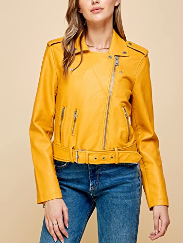 Made By Johnny Mbj Wjc1849 Women's Asymmetrical Faux Lether Belted Moto Jacket Xl Mustard #TOP2