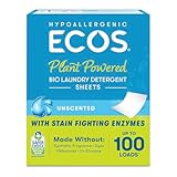 ECOS Hypoallergenic Laundry Detergent Sheets - Fragrance-Free for Sensitive Skin, Plant Powered, Compact Plastic Free Packaging, Results at All Temperatures, Free & Clear, 50 Count