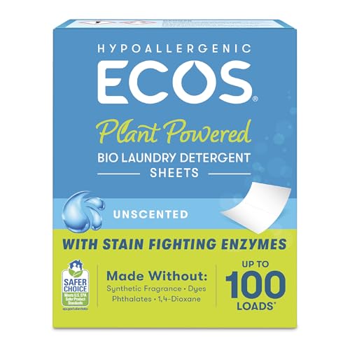 ECOS Hypoallergenic Laundry Detergent Sheets - Fragrance-Free for Sensitive Skin Plant Powered Compact Plastic Free Packaging Results at All Temperatures Free & Clear 50 Count