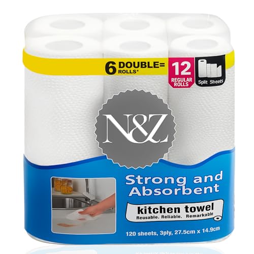 N&Z Kitchen Paper Towels | 6-Roll Pack, 3-Ply, 120 Sheets Each | Ultra Absorbent, Strong & Lint-Free | Durable Household Paper Towels for Everyday Cleaning Pack of 6