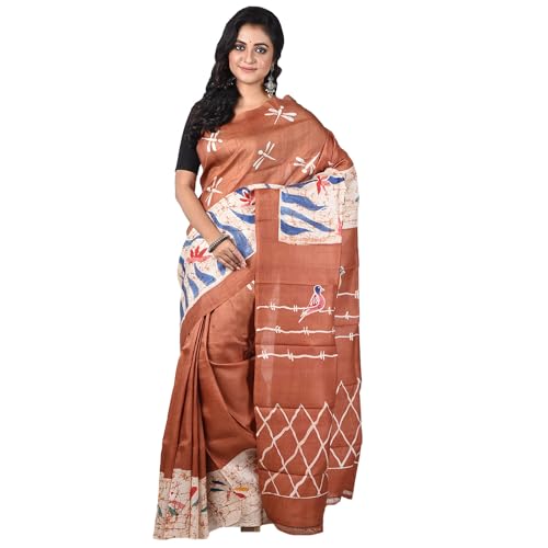 Image of 3stones Women's Mulberry Silk Saree | Printed Handwoven, Hand Batik Pure Saree with Unstiched Blouse Material Piece | Suitable for All Indian Weddings & Festivals | Traditional flower Prints