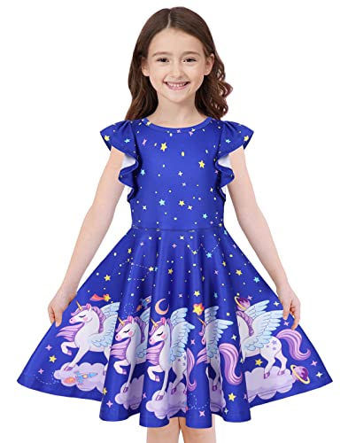 Quedoris Girls Twirly Printed Casual Party Dress Ruffle Sleeve Galaxy Unicorn Cap L #TOP15