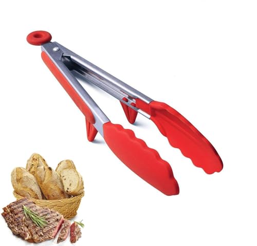 Image of Baskety Tongs Non-Stick Stainless Steel Silicone Kitchen Food Cooking Tongs (9 Inch Red)