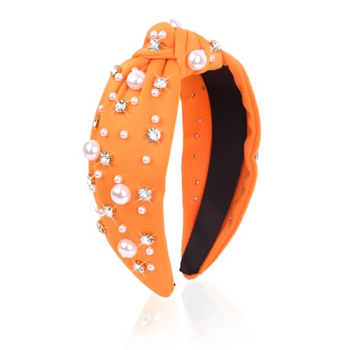 Uintoon Orange Headband for Women Pearl Knotted Headband Sparkly Rhinestone Pearls Top Knotted Headbands Fashion Accessories Cute Hair Bands for Women Girls