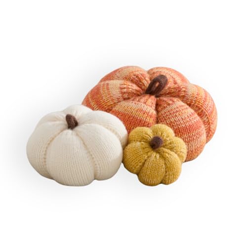 Image of Set of 3 Multi-size Cozy Knit Pumpkins (Candy Corn Large Multi-size set) | Fall Home decor, Shelf sitters, Bowl fillers, Gift for Friend