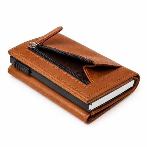 Image of BLACKTHORNE Wallet for Men | RFID Blocking Genuine Leather Pop-Up Card Holder | Slim Minimal Design with Aluminium Case Holds 6-8 Cards, Coin Pocket & Trifold Magnetic Closure (Tan)