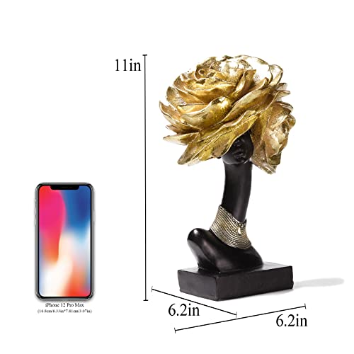 Brabud Resin Black Girl With Gold Rose Statue African Girls Tribal Lady Figurine Modern Home Decor Collection Gift Crafts Ornaments 11'' (H) Tqgjbs231 #TOP1