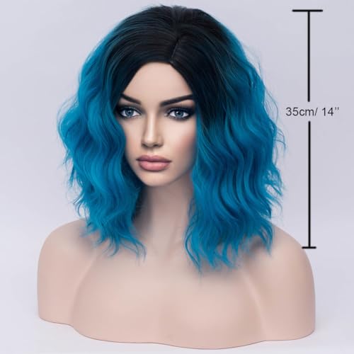 Image of BERON Blue Ombre Wig for Women Girls Black Ombre Blue Short Curly Bob Wavy Wig Dark Roots Color Heat Resistant Synthetic Body Cosplay or Daily Use