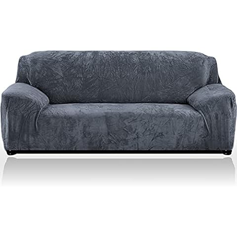 Teynewer Thick Velvet Sofa Covers 1 2 3 4 Seater High Stretch Non-Slip Couch Cover Furniture Protector Plush Sofa Slipcovers with 1 pillowcase for Living Room Dogs Cat Pet (3 Seater, Dark Grey) Cover