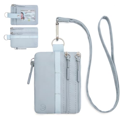 BOSTANTEN RFID Small Wallet, Minimalist Zip ID Case Wallet with Lanyard Keychain, Water Resistant Card Wallets for women & Men, Grey
