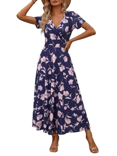 Image of HUHOT Women's Short Sleeve Wrap V Neck Dresses for Wedding Guest Summer Floral Maxi Sundresses with Pockets Boho Dress