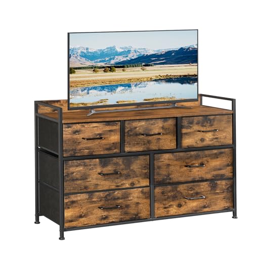 SONGMICS Dresser for Bedroom, Chest of Drawers, Clothes Organizer Storage Unit, 7 Fabric Drawers with Handles, Metal Frame, Rustic Brown and Ink Black ULTS137B01