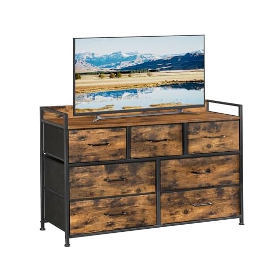 SONGMICS Dresser for Bedroom, Chest of Drawers, 7 Fabric Drawers with Handles, Rustic Brown and Black ULTS137B01
