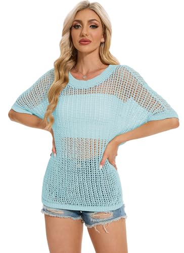 Image of LOZ Womens Summer Scoop Neck 3 /4 Sleeve Sweater Casual Crochet Hollow Out Knit Tops Pullover Shirts Beach Coverup