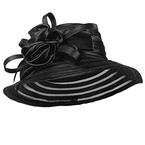 Women's Big Floral Fascinator Kentucky Derby Church Floppy Wide Brim Cloche Bucket Hat (Black) - Thumbnail 2