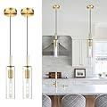AUTELO 2 Pack Pendant Light Fixtures, Brushed Gold Pendant Lights Kitchen Island, Vintage Cylinder Glass Pendant Lights, Hanging Light for Kitchen Island, Dining Room, H3875 BGNR-2PK
