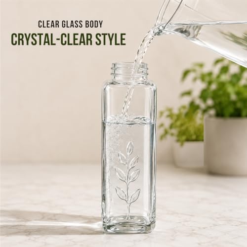 Image of Ash & Roh Square Glass Water Bottle with Lid, Transparent Wide Mouth Juice Bottle for Fridge, Office, School & Everyday Hydration Reusable for Daily Use