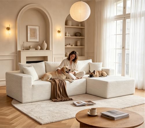 Image of Mangodan 110 inch Cloud Sectional Couch, Boneless Sofa for Living Room, Modular Sectional Sofa with Deep Seat, Comfy Fluffy Couch with L-Shaped Chaise, No Assembly Required, Beige