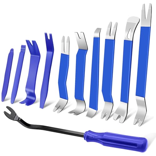 Zecirl 11 PCS AutoTrim Removal Tool Kit, Metal Pry Tool Auto Fastener Remover Pry Bar Set Trim Remover Kits for Vehicle Door Panel, Audio Radio Panel, Dashboard Repair Kit Blue