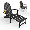 POLYDUN Folding Adirondack Chair with Retractable Ottoman, HDPE Plastic Patio Chairs for All Weather, Fire Pit Chair with Cup Holder, Outdoor Lawn Chairs for Deck, Porch, Backyard, Black