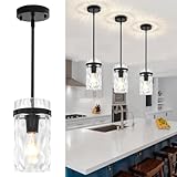3 Pack Black Pendant Lights Kitchen Island, Modern Hammered Glass Kitchen Pendant Lighting Over Island Hanging Bathroom Light...
