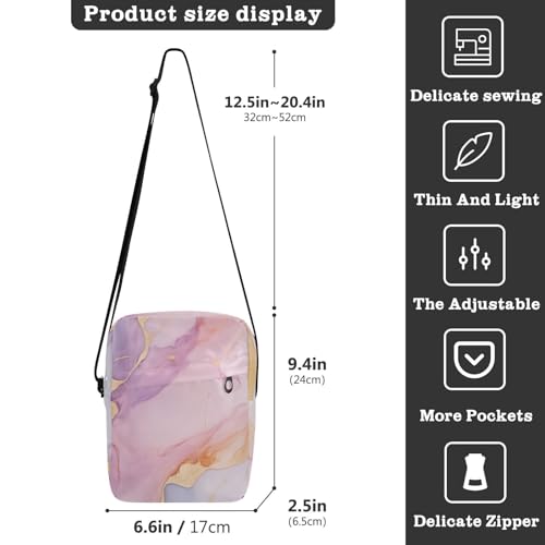 Crossbody Bag Pink Purple Gold Marble Messenger Bag for Women Men Purse Shoulder Bag Satchel Bag with Adjustable Strap 214B36673
