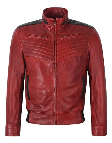 Men's Bomber Real Leather Jacket Red Black Biker Motorcycle Blouson Style Jacket 9015