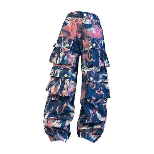 Girls Baggy Y2k Cargo Pants Spotted Wide Leg Elastic High