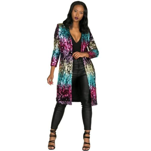 Image of Womens Colorful Sparkly Full Sequins Cover Ups Long Sleeve Open Front Sequin Cardigan Coat Jacket Party Clubwear (L) Multicoloured