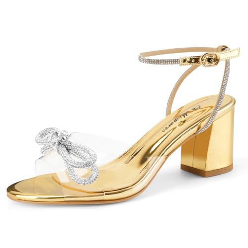 Oh Mispares Women's Clear Heels Double Bowknots Crystal Sandals Round Open Toe Rhinestone Transparent Chunky Bow Heels Gold Ankle Strap Sandal Shoes - Main Image