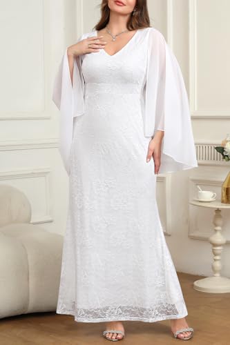 Plus Size Formal Dresses - Chiffon Capelet Ruffle Sleeves V Neck Lace Mermaid Evening Gown Prom Long Maxi Dresses 20253