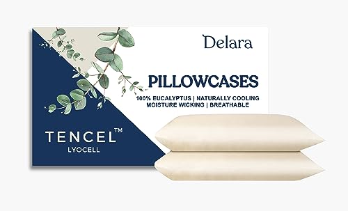 Delara 100% Eucalyptus Lyocell Tencel Pillowcase Pack of 2, Naturally Cooling, Certified Tencel Lyocell Fiber, Super Soft, Silky, Moisture-Wicking, Temperature Balancing, Smooth & Breathable