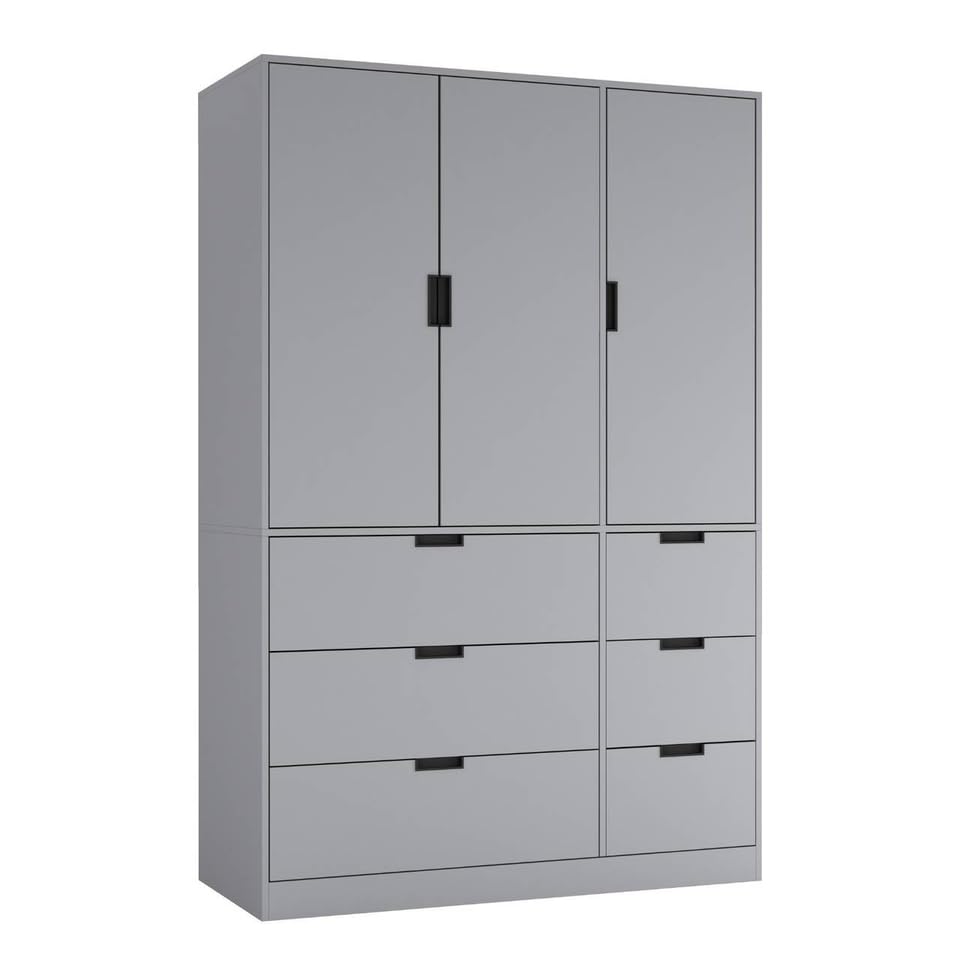 URBNLIVING 3-Door Wardrobe with 6 Drawers – Customisable Two-Tone Storage Unit - Grey Unit & Grey Doors & Drawers