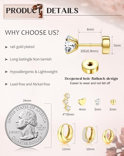 Hypoallergenic 14K Gold Plated Hoop Stud Earrings for Women Surgical Stainless Steel Flat Back Earrings Lightweight Small Chunky Huggie Hoops Cartilage Earring Stacks for Multiple Piercing Women Gifts3