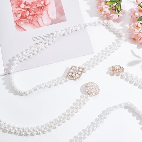 WADORN 3 Styles Elastic Pearl Belt for Women, White Beaded Adjustable Stretch Chain Belts Imitation Pearl Retro Decoration Waist Belt DIY Clothing Waist Accessories for Shirt Wedding Dress4