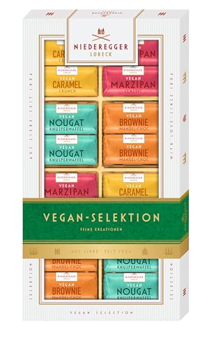 Niederegger | Vegan-Selektion | 1x 200g | Sorten Brownie-Mandel-Choc Marzipan Classic Caramel Crunch & Nougat-Knusperwaffel | Pralinengeschenk Vegan