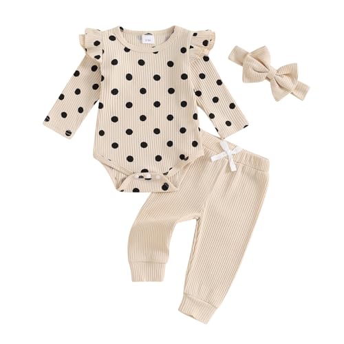 Image of FIOMVA Newborn Baby Girl Clothes Fall Winter Outfit 0 3 6 9 12 18Months Ruffle Long Sleeve Ribbed Romper+Pants+Headband Set