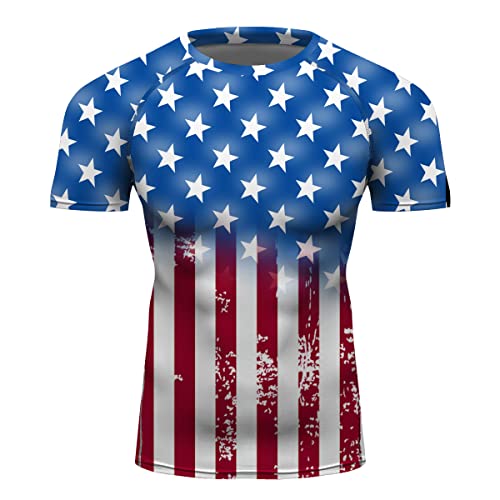 Men's USA American Flag Rash Guard Shirts UPF 50+ Short Sleeves Compression Swimming Shirt Jiu Jitsu BJJ Sports Fitness Gym Tops