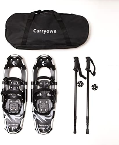 Carryown 3 in 1 Light Weight Snowshoes Set for Adults Men Women Youth Kids, Aluminum Alloy Terrain Snow Shoes with Trekking Poles and Carrying Tote Bag (Black,21")