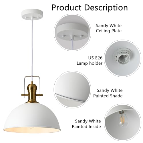 Image of 12 Inch Sandy White Modern Pendant Light for Kitchen Island 1 Pack | ETL Certificate, Easy to Install,Adjustable Height Cord,Vintage Industrial Dome Hanging Light Fixtures