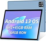 WXUNJA Android 13 Tablet, 6GB (2+4) RAM 64GB ROM, Quad-Core Processor, Dual Camera, WiFi, Bluetooth, 1TB Expand, GMS Certified Tablet - Blue